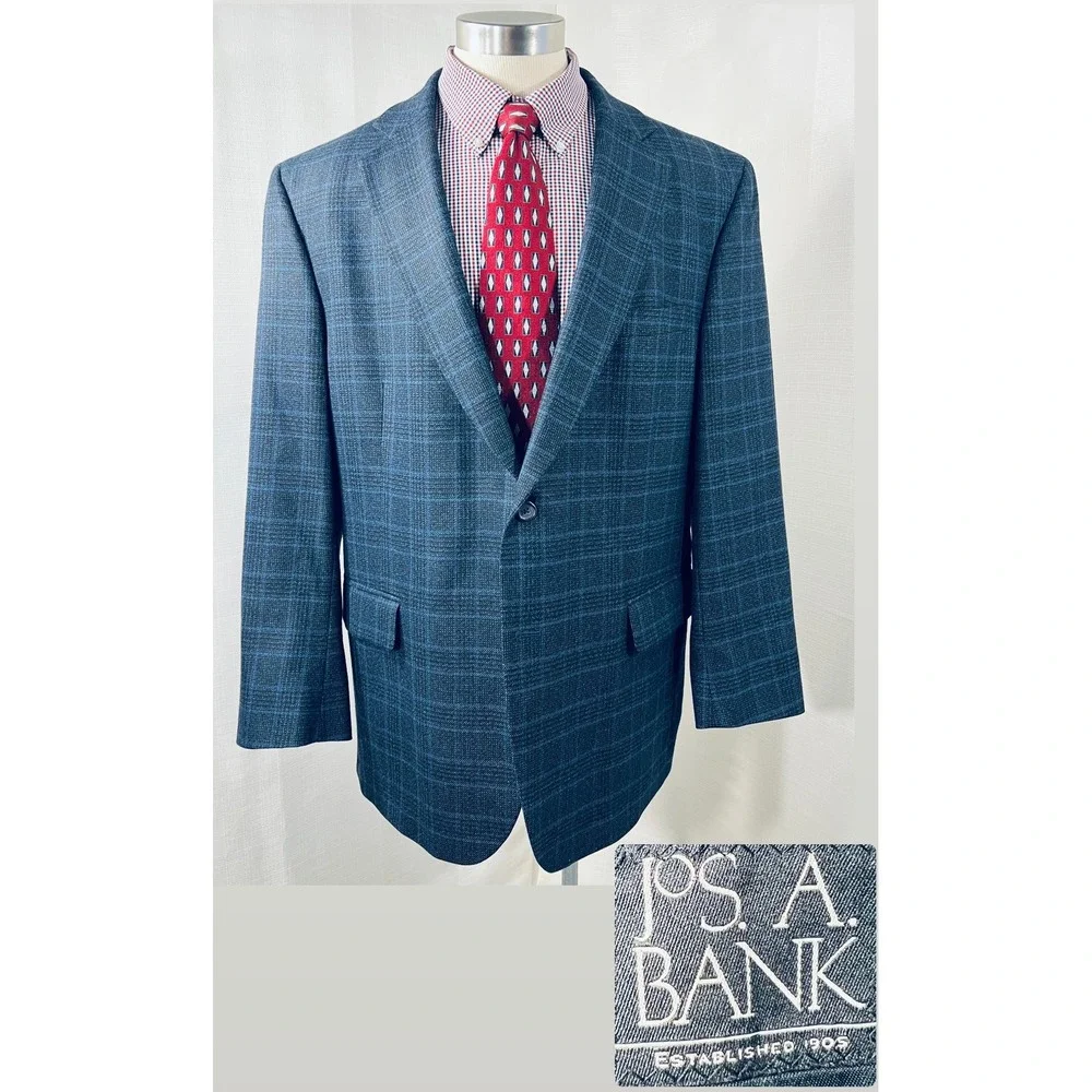 Jos. A. Bank Mens 46R Blue Glen Plaid 100% Wool Two Button Blazer Sport Coat